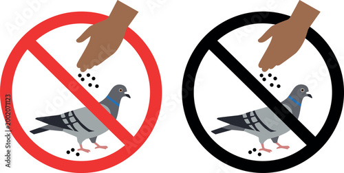 Do not feed pigeons sign with hand feeding bird prohibited symbol, urban wildlife warning icon vector illustration set