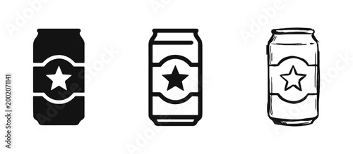 Aluminum Beverage Can with Star Icon Set in Solid, Outline, and Sketch Styles