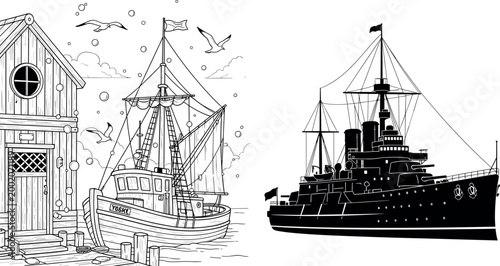 Fishing boat and battleship vector illustration set with harbor scene, nautical vessels, marine transport icons, and detailed black and white line art