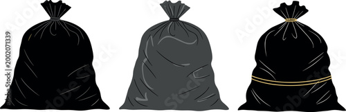 Garbage bag collection with black and gray plastic trash sacks tied with strings, waste disposal vector illustration set
