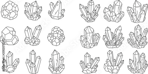 Hand drawn crystal clusters and faceted gemstones collection with various quartz formations, mineral shapes outline vector illustration set
