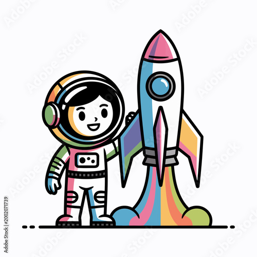 Cute cartoon astronaut standing next to a colorful space rocket ship illustration featuring vibrant pastel tones and bold outline style for creative space exploration projects