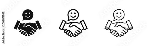 Successful Handshake and Customer Satisfaction Icon Set in Three Styles