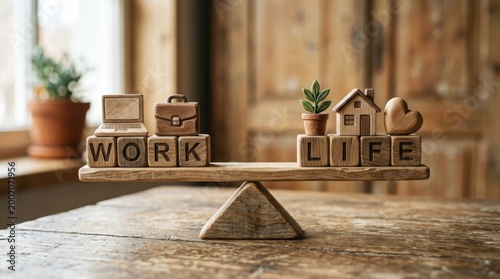 Work Life Balance Concept on Wooden Seesaw Scale