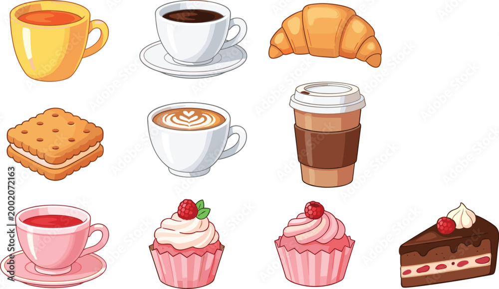 Obraz premium Delicious Breakfast Set with Coffee Cups, Croissants, Cupcakes, and Cake Slices for Bakery, Cafe, and Dessert Graphics