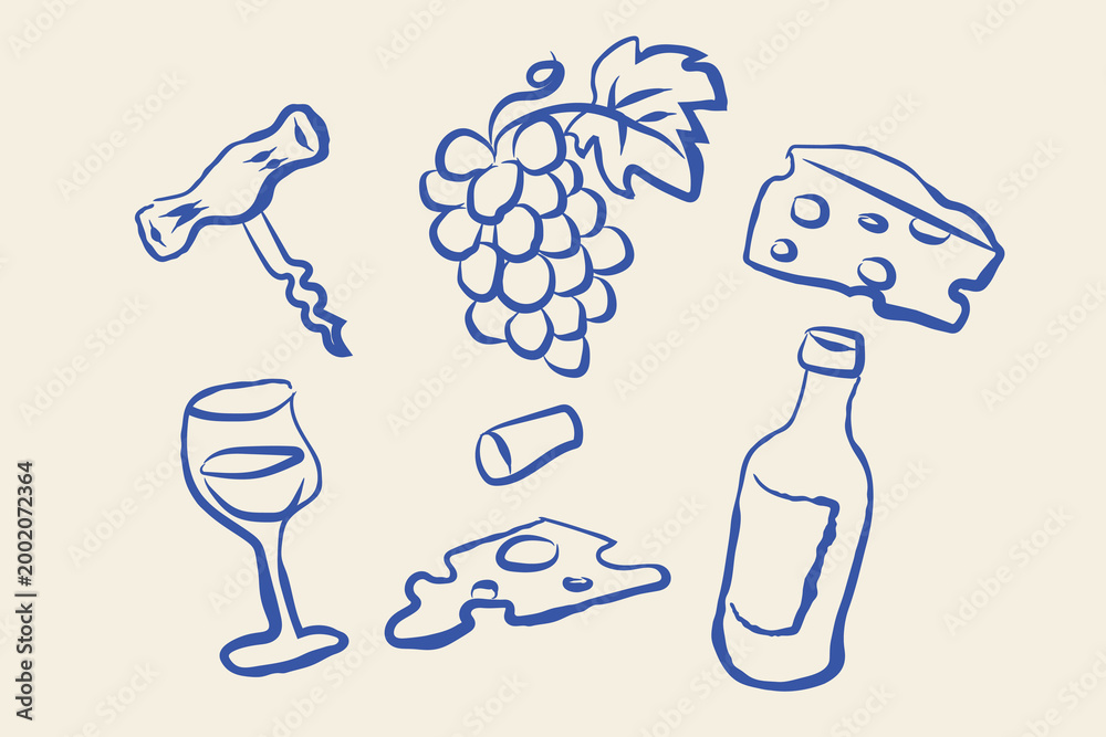 Fototapeta premium Wine cheese grapes set naive blue sketch vector illustration