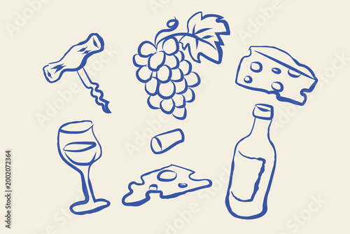 Wine cheese grapes set naive blue sketch vector illustration
