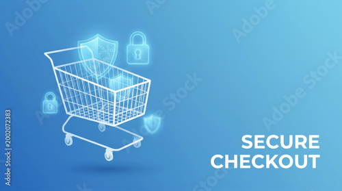 Secure ecommerce checkout concept with fintech cybersecurity and digital banking protection featuring a shopping cart with glowing shield and padlock icons for safe online payment transactions.