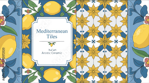A decorative tile pattern design featuring Mediterranean tiles and floral motifs in a vibrant color scheme on ceramic