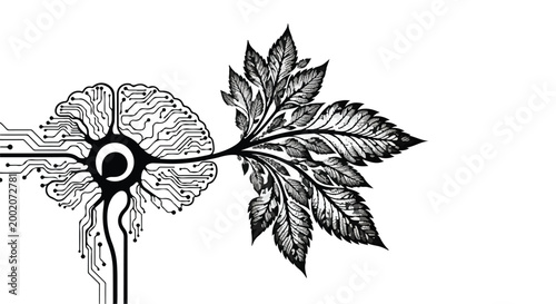 Photos Brain illustration shows a digital connection merging with organic leaf structures