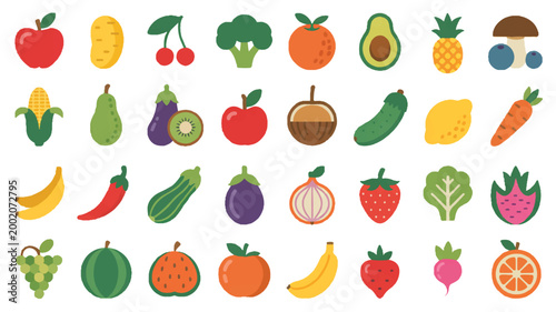A colorful flat illustration of various fruits and vegetables on display