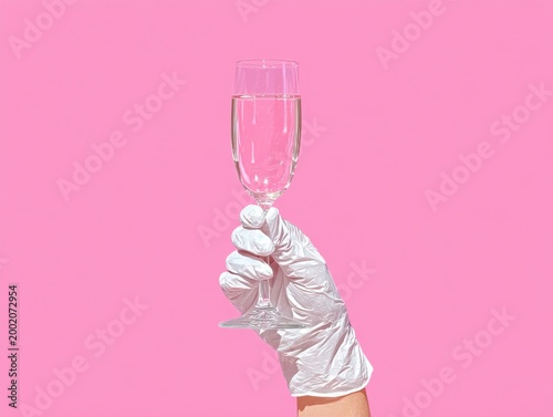 Hand in white glove holding champagne glass against pink background  