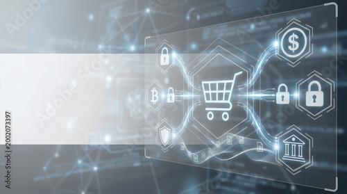 ecommerce fintech cybersecurity and banking concept with digital shopping cart icon secure payment locks and financial data protection on futuristic network interface for online business growth