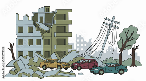 Fotografi Aftermath of urban destruction: damaged buildings, cars, and broken trees