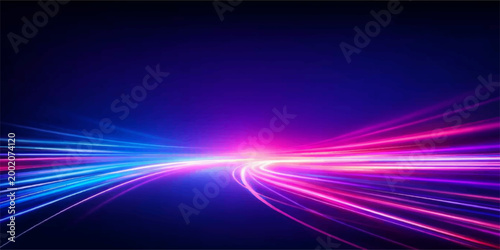 A futuristic abstract blue background features glowing motion lines and a purple wave pattern, creating a high-energy technology wallpaper with a dark night sky texture and light speed vector art