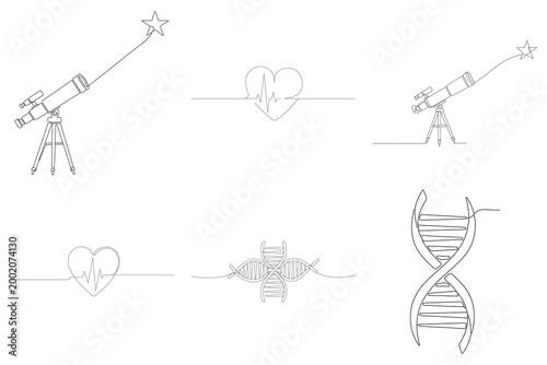 Minimalist continuous line art collection featuring scientific objects such as dna strands telescopes and heartbeat ecg heart symbols.