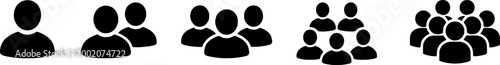 A series of black silhouette icons depicting single and multiple people, representing individuals, teamwork, and community in a simple, modern design style for use in digital and print media.