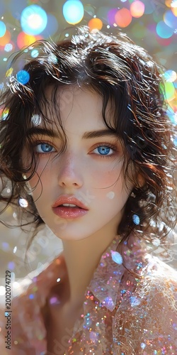 Young woman with short, curly dark hair in a glittering, festive setting. Face obscured by a blur square, colorful bokeh lights glow in the background.