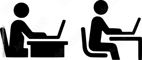 Two people sitting at desks working on laptops in an office setting with a minimalist aesthetic and modern vibe.