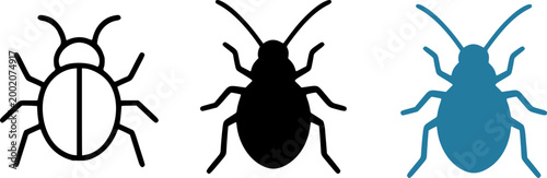 Three beetle silhouettes in black and blue on white background, insect icons, bug illustrations, wildlife graphics, entomology symbols.