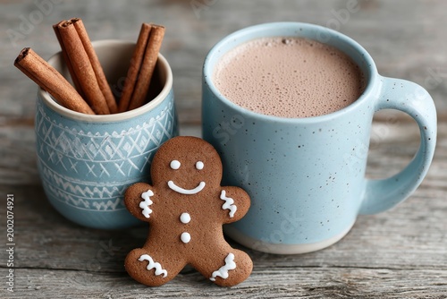 Festive Gingerbread Delight: A comforting tableau of seasonal warmth features a mug of steaming cocoa, fragrant cinnamon sticks, and a charming gingerbread man.