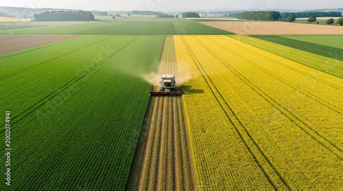 Aerial view of a combine harvester working in a large agricultural field with green and yellow crops during the harvest season under a clear sky