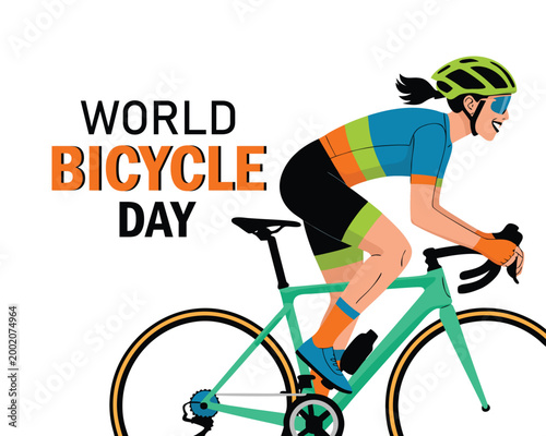 Woman cyclist on modern bicycle with colorful sportswear and helmet, world bicycle day message, june 3 date, abstract city