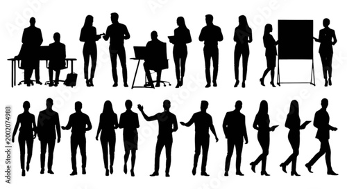 Black silhouettes of business people standing and working isolated on transparent background, Vector
