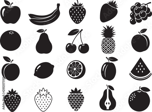 Collection of twelve black silhouette fruit icons including apple banana strawberry and grape