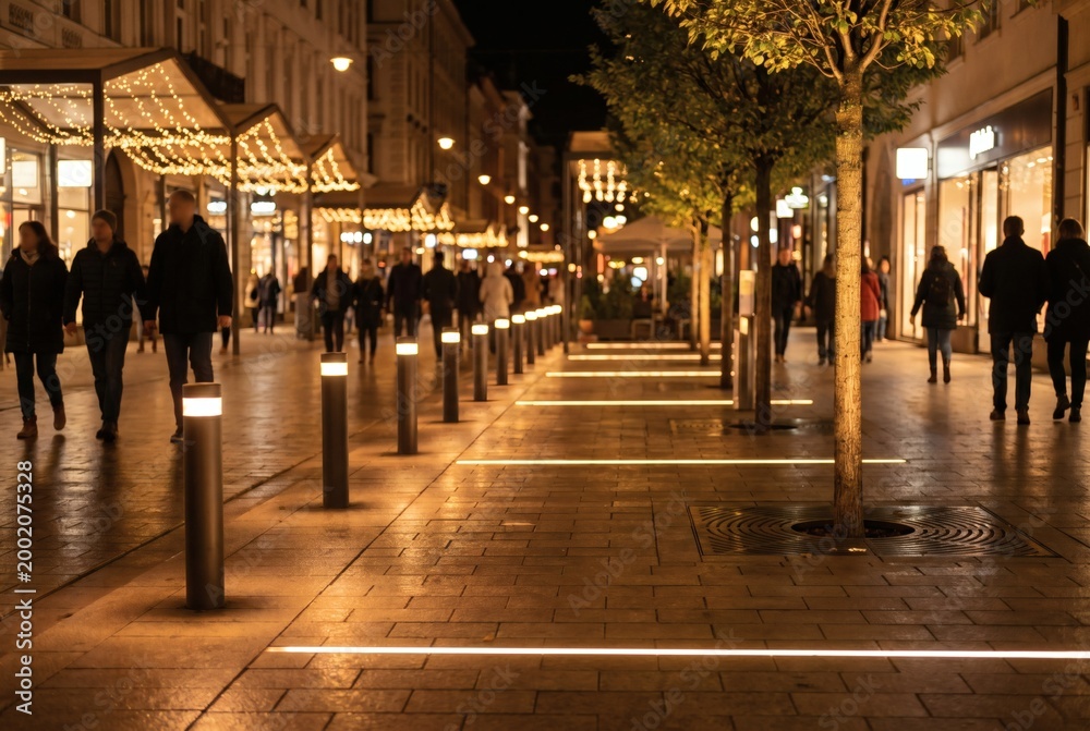 Obraz premium Pedestrian Shopping Street at Night with Warm Christmas Lights LED Bollards and Walking People in Modern European City Center