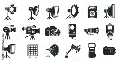 Professional photography equipment icons set featuring studio lighting cameras and accessories in flat black vector style World Photography Day