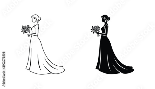 Bride silhouette icon set featuring woman in wedding dress holding a bouquet in outline and solid black vector styles