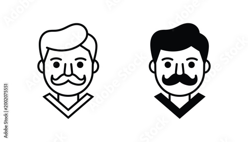 Man face with mustache icon set featuring stylized gentleman portrait in outline and solid black for barber shop branding