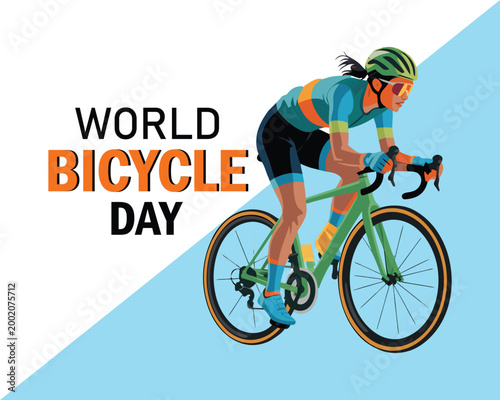 Woman cyclist on modern bicycle with colorful sportswear and helmet, world bicycle day message, june 3 date, abstract city