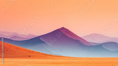 Abstract desert landscape with layered purple and orange dunes under a soft pastel sky, creating a harmonious blend of colors and a sense of peaceful isolation.