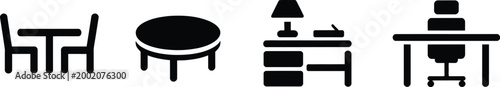 Furniture icons set clean black silhouette vector illustration representing various tables and chairs for home office dining and bedroom spaces