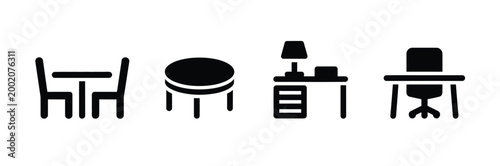 Furniture icons collection vector illustration black silhouette style showing tables chairs for dining living office and bedroom interior design concept