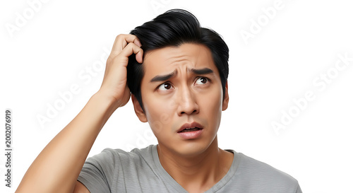 A confused Asian man scratches his head, looking up in thought.