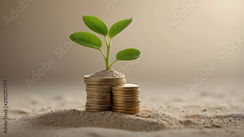 Green Plant Growing out of Stacks of Gold Coins in Sand Representing Sustainable Investment Green Finance Economic Growth Environmental Responsibility and Long Term Financial Prosperity.