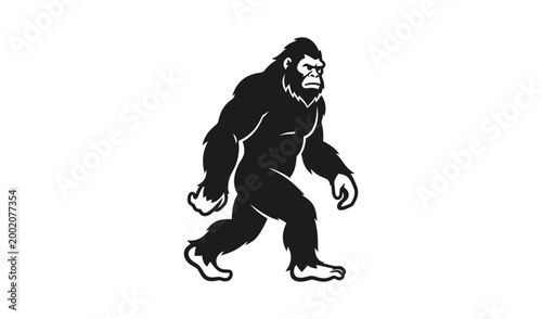 A black silhouette of a bigfoot walking