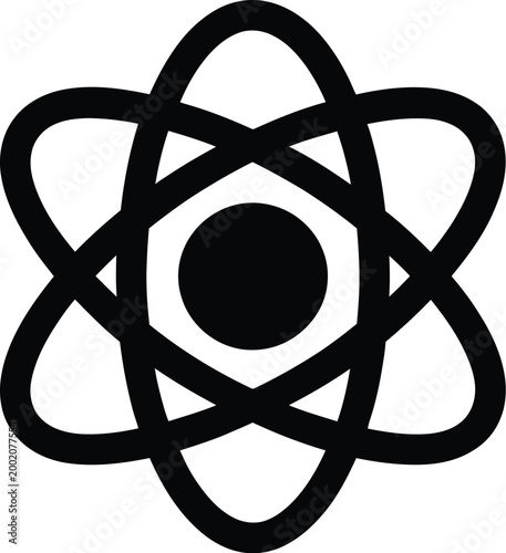 Atom nucleus with orbiting electrons in a simple black vector illustration