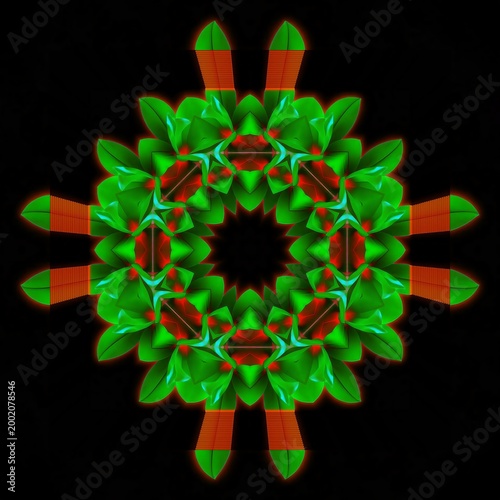 Neon green and red symmetrical kaleidoscope pattern with leaf-like shapes forming a radial geometric design on a black background