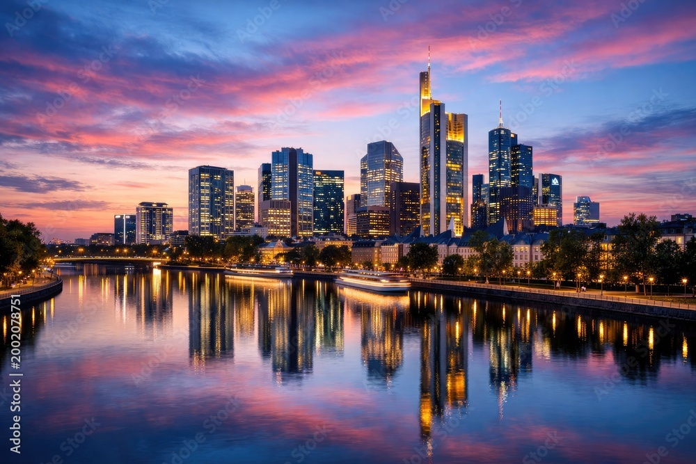 Obraz premium Panoramic view of the frankfurt city skyline with illuminated skyscrapers reflecting in the main river during a vibrant purple and orange sunset sky
