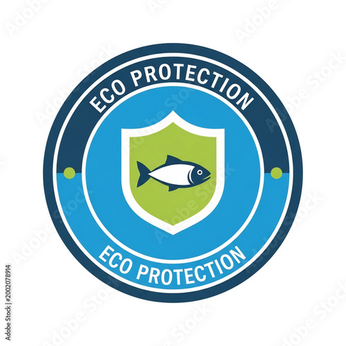 Blue eco protection badge with fish and shield representing aquatic safety.
