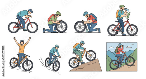 Series of actions depicting a person enjoying cycling activities and outdoor adventures from preparation to riding through scenic landscapes and celebrating achievement on a bicycle