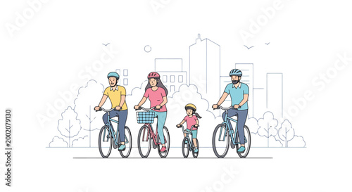 A diverse family enjoys a healthy outdoor city cycling adventure together with parents and children on bicycles wearing protective headwear experiencing urban nature and recreational activity in