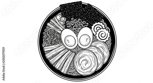 Delicious Bowl of Ramen Noodles with Toppings and Eggs.