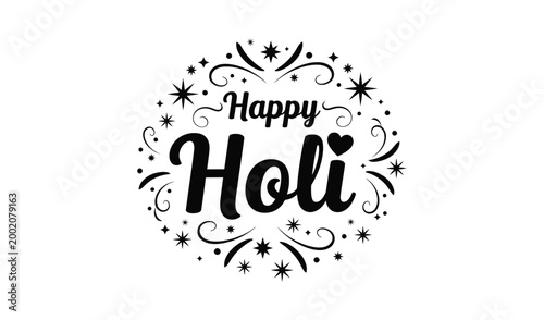 Happy holi festival greeting with decorative stars and swirls