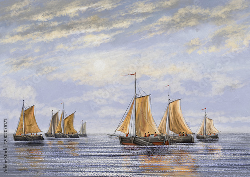 Fleet of Traditional Sailboats at Sea Under Soft Cloudy Sky. Fishing sailing ship in the sea. Oil paintings, fine art