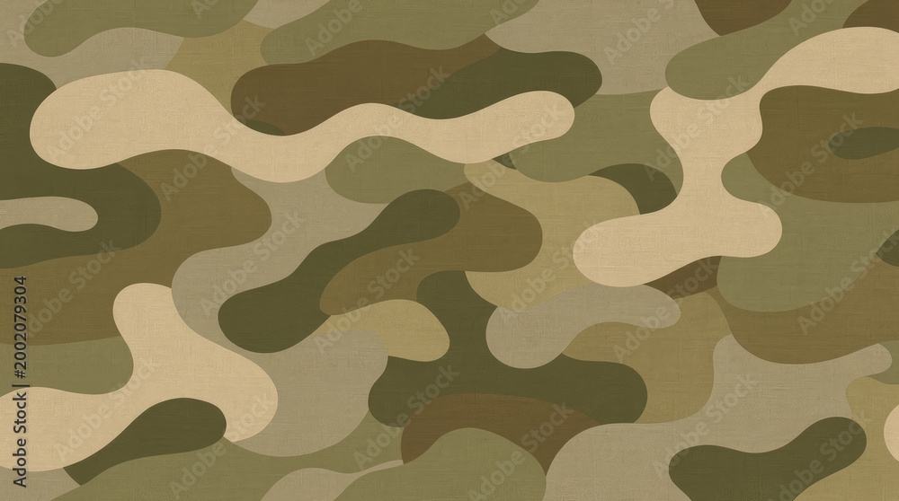 Fototapeta premium Seamless camouflage pattern with irregular, flowing organic shapes in shades of dark green, olive, and light tan with a subtle fabric texture effect